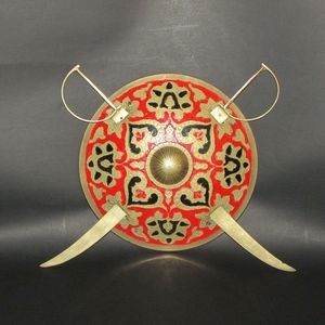 Vintage Brass Wall Plaque 3 pcs. Decorative Shield & Swords Hand Painted Decor